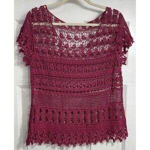 Crochet Plum Purple Top Lace Floral Boho Size Medium‎ Open Short Sleeve